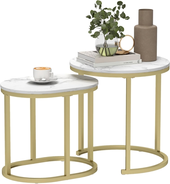 HOMCOM Couchtisch 2er Set Stapelbarer Kaffeetisch mit Stahlrahmen (Sofatisch, 2-St, Beistelltisch), für Wohnzimmer, Schlafzimmer, Balkon, Weiß