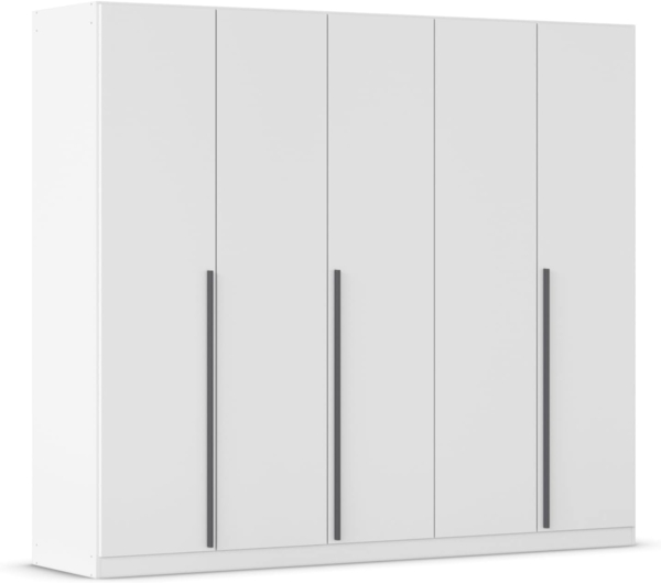 rauch Kleiderschrank Alba, Drehtürenschrank, Garderobenschrank, 5-türig, mit 4 Kleiderstangen, 5 Einlegeböden und Schubladeneinsatz, Farbe Weiß, Griffstange Grau metallic, Schwarz, 226x197x54cm