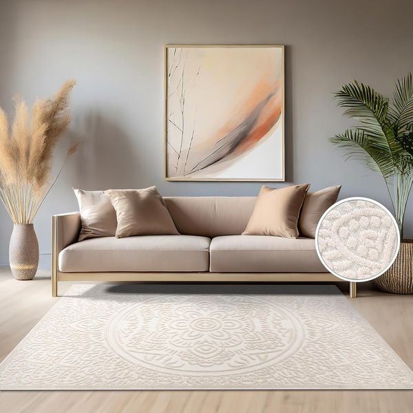 Paco Home Teppich In- & Outdoor, Moderne abstrakte Boho Designs mit 3D Struktur, robust & wetterfest, ideal für Terrasse Wohnzimmer & Küche, Grösse:240x340 cm, Farbe:Creme 3