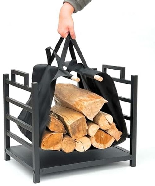 DanDiBo Kaminholzregal Innen Metall Schwarz Stehend mit Tragetasche 45 cm Kaminholzständer 96466 Kaminholzhalter Brennholzregal Feuerholzregal