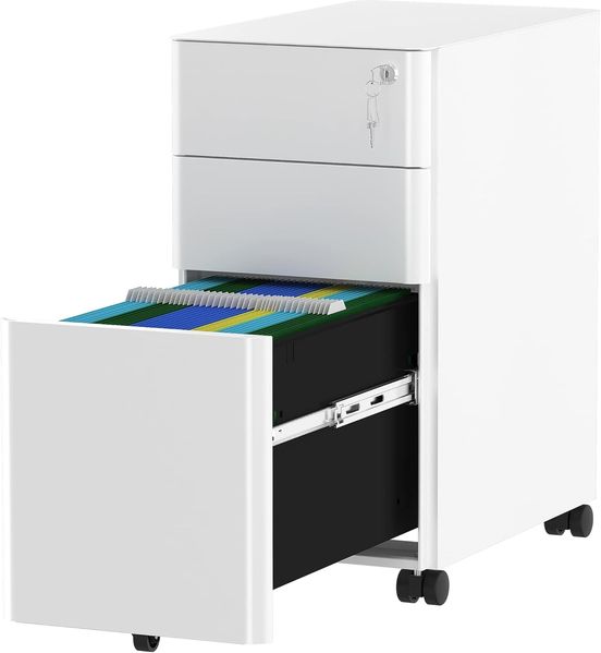 YITAHOME Vollständig Montierter Rollcontainer aus Metall mit 3 Abschließbaren Schubladen, Anti-Kipp-Roll-Aktenschrank mit 360° Mobilem Rad, Aktenschrank Unter Dem Schreibtisch, Weiß, 46 x 30 x 59 cm