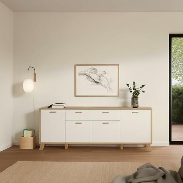 Dmora - Kommode Claribel, Wohnzimmerbuffet, Wohnzimmer-Sideboard, Moderne Küchen-Speisekammer, 196x39 h73 cm, Eiche und Weiß
