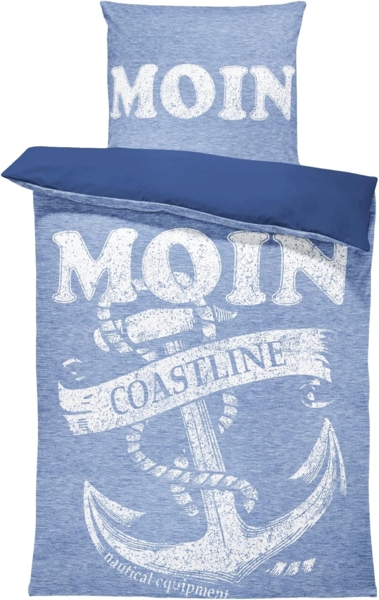 One Home Bettwäsche Fotodruck, Mikrofaser, 2 teilig, Maritim Anker Nautic meliert, Knitterfrei Weich für Sommer und Winter