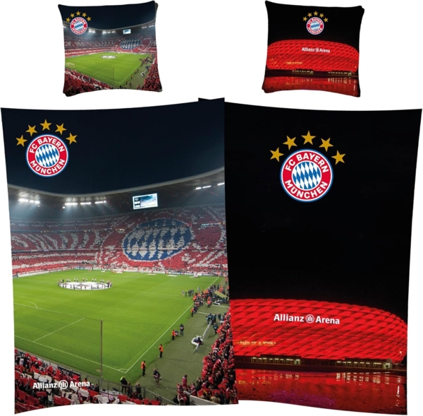 BERONAGE Kinderbettwäsche FC Bayern München Bettwäsche Allianz Arena Linon / Renforcé, 2 teilig, 135x200 + 80x80 cm