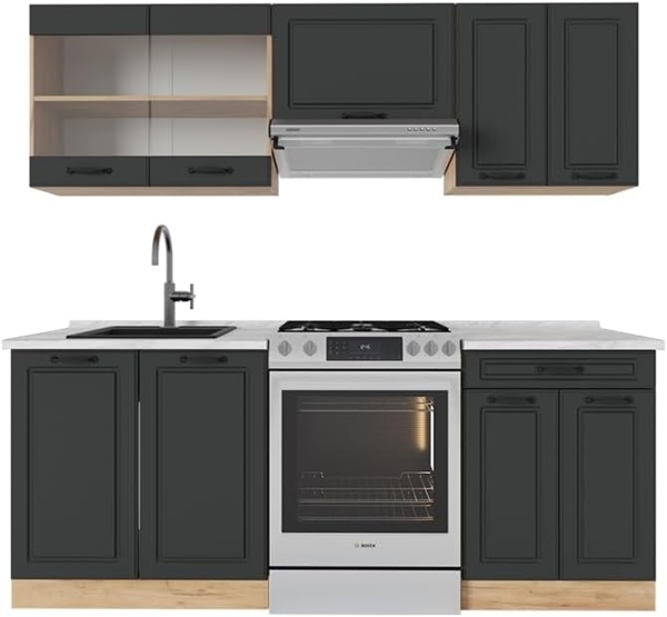 Küchenzeile R-Line Anthrazit Landhaus/Goldkraft Eiche 200 cm , AP Marmor Vicco