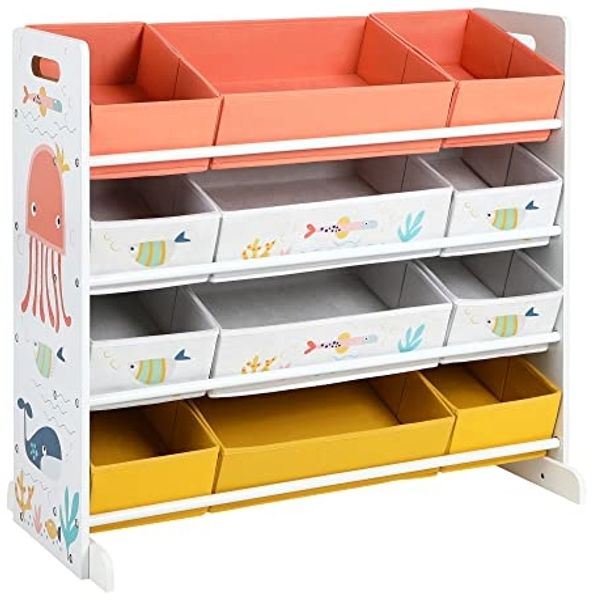 Spielzeugregal, Kinderzimmerregal mit 12 Stoffboxen, für Bücher und Spielzeug, Spielzeug-Organizer, Kinderzimmer, für Kinder, multifunktional, weiß GKRS04WT