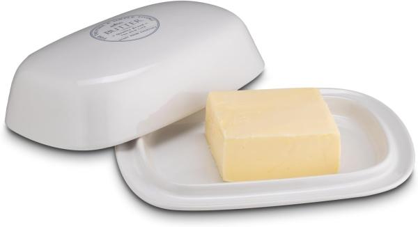 KHG Butterdose Keramik Steingut Weiß mit Beschriftung für 250g Butter, Aufbewahrung Butterbehälter, Deckel opak, Butterbox rechteckig & glasiert mit Emaille, spülmaschinengeeignet