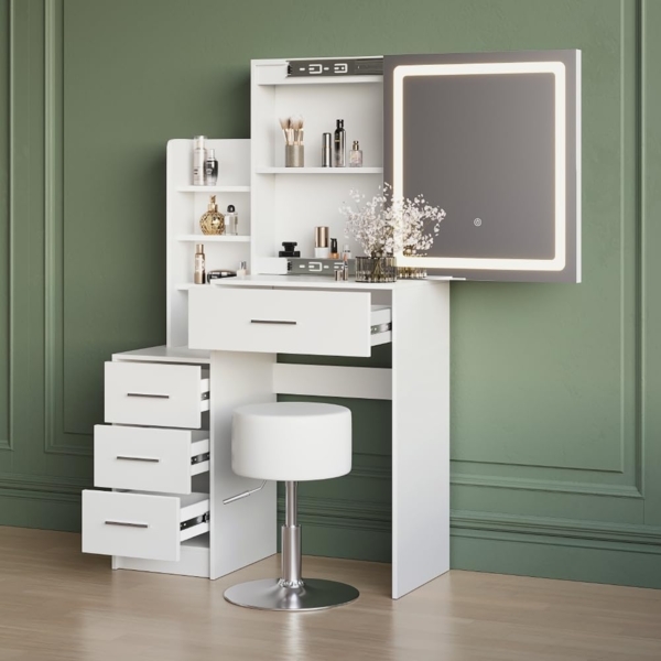 Livinity® Schminktisch Monza, Weiß, mit LED-Spiegel und Hocker Bild 5