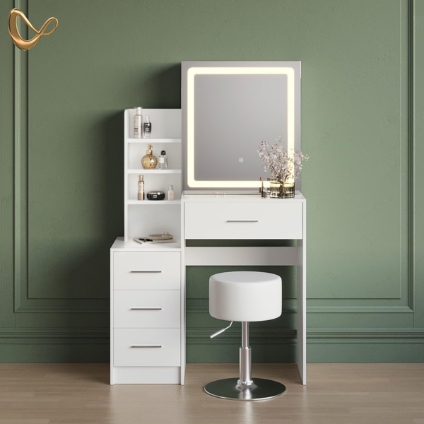 Livinity® Schminktisch Monza, Weiß, mit LED-Spiegel und Hocker Bild 2