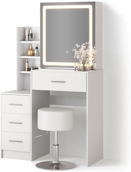 Livinity® Schminktisch Monza, Weiß, mit LED-Spiegel und Hocker Bild 1