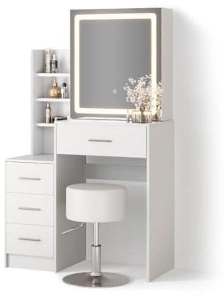 Livinity® Schminktisch Monza, Weiß, mit LED-Spiegel und Hocker (2-St)