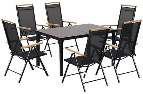 Outsunny Garten-Essgruppe Sitzgruppe klappbar 7tlg. 1 Tisch+6 Stühle Gartenmöbel Set, (Balkonmöbel, 7-tlg, Balkonset), Schwarz 140L x 90B x 74H cm