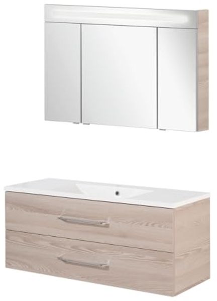 FACKELMANN B.CLEVER Waschtisch Set mit Spiegelschrank 120 cm breit, Braun hell, Waschbecken Gussmarmor Weiß