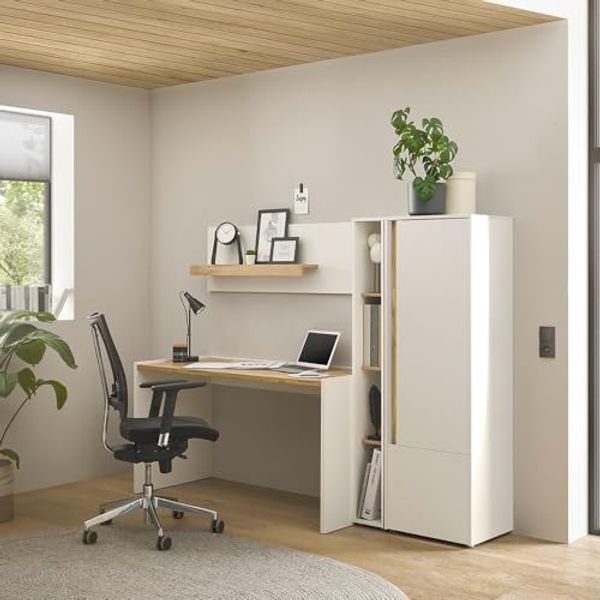 Lomadox Büromöbel-Set CRISP-61, (Spar-Set, 4-tlg, Schreibtisch Regal Aktenschrank Wandregal), Büroausstattung Büroschrank Set weiß mit Eiche, grifflose Optik
