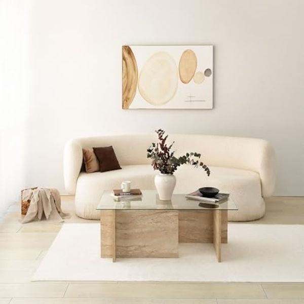 Hanah Home Elegant Coffee Table, Travertine Color, 105 x 40 x 65 cm | 100% Glass Top & Melamine Coated Particle Board | Stylish Marble Design for Modern Living Spaces
