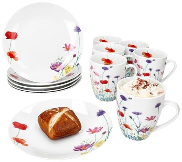 MamboCat Frühstücks-Geschirrset 12tlg Frühstücksset Marie Porzellan 6 Personen Teller Kaffeebecher, Porzellan