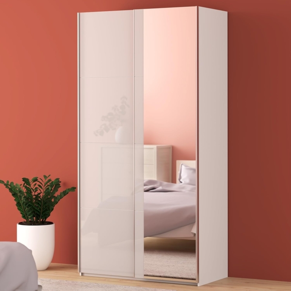 Forte FITTIO Kleiderschrank 120, moderner Schwebetürenschrank, 2-türig, Kleiderstange, Einlegeböden, Spiegel, Schlafzimmer, Holzwerkstoff, Weiß Hochglanz, 120,1 cm breit x 235 cm hoch x 61,2 cm tief