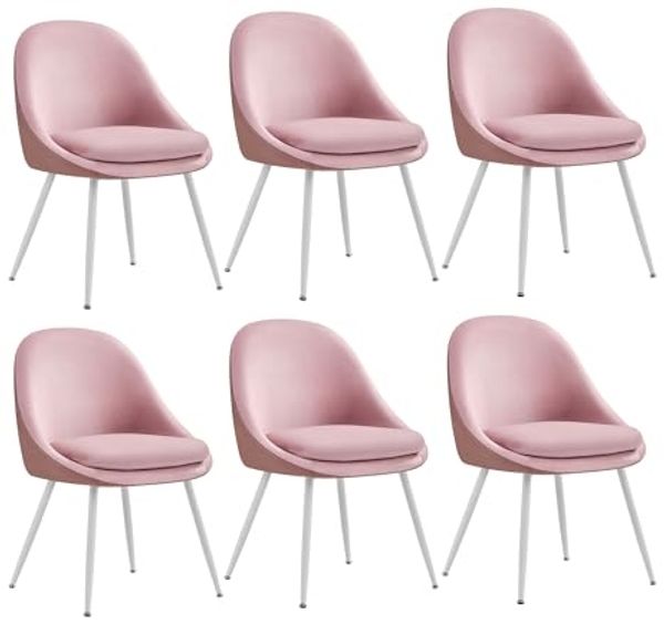 VASAGLE Esszimmerstuhl 6er Set, Küchenstuhl, bis 120 kg belastbar, Kissen mit 5,5 cm dickem Schaumstoff gepolstert, nach außen stehende Beine, für Büro Wohnzimmer, pastellrosa-wolkenweiß KDCDE184R16