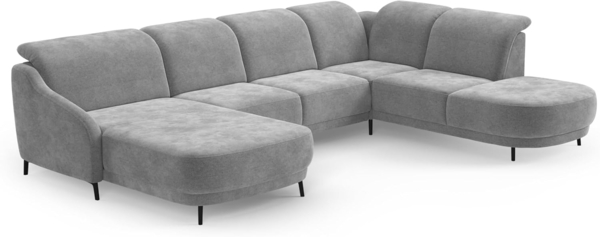 CAVADORE Wohnlandschaft Blue/Sofalandschaft mit Longchair im modernen Design, inklusiv Kopfteilverstellung und mattschwarzen Metallfüßen / 356 x 93 x 249 / Mikrofaser, Mittelgrau