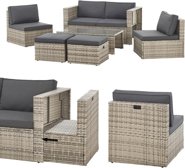 Juskys Polyrattan Gartenmöbel Set Salou - Outdoor Lounge wetterfest 6 Personen - Sitzecke mit Tisch & Kissen für Garten, Balkon, Terrasse - Grau