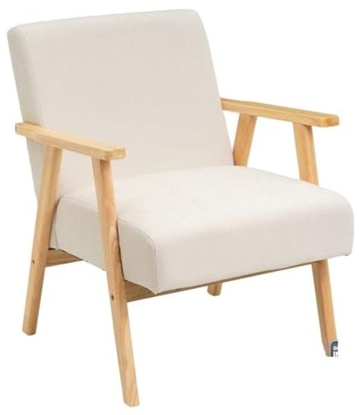 DRW Vintage-Sessel aus Chenille-Stoff und Holz in Weiß und Natur