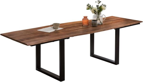 SAM Baumkantentisch 160 (240) x 90 cm Adina, Akazienholz nussbaumfarben & massiv, Esszimmertisch mit 2 Ansteckplatten, Mattschwarzes U-Metallgestell, Platte 26mm