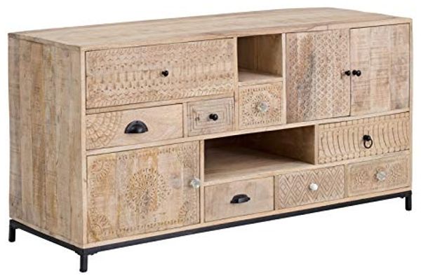 Waschtisch Laos 146x76x50 cm aus massivem Mangoholz – Doppelwaschtisch ohne Waschbecken, rustikaler Waschbeckenunterschrank mit Schublade & Türen