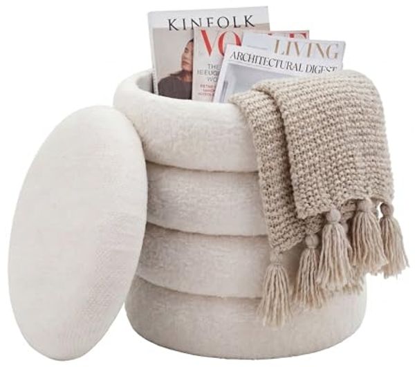 Sitzhocker mit Stauraum aus Teddy Stoff 40cm Creme Rund - Design Boho Stoffhocker mit abnehmbarem Deckel - Polsterhocker Schminktisch Hocker - Beistellhocker für Wohnzimmer Handmade