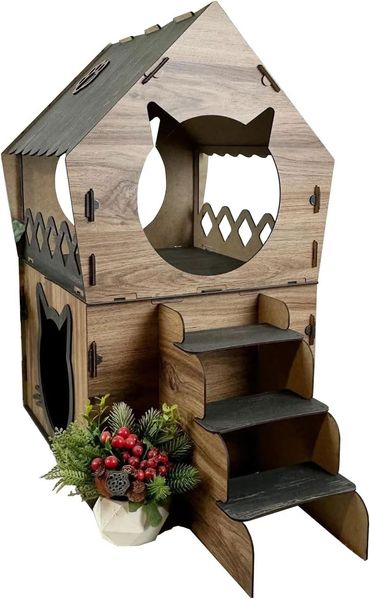 Jungengel Katzenliege XL Katzenhaus Katzenhäuschen Katzenhütte Katzenhöhle Katzenbett Holz, 2-Stöckig, Einfache Montage (mit Video), 68x42x35 cm, Stecksystem
