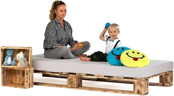 sunnypillow 100x200 cm Palettenbett aus Holz Holzbett Massivholzbett Bett aus Paletten Palettenmöbel Geflammt Vintage europalette 80 90 100 120 140 160 180 200 220 240x200 cm