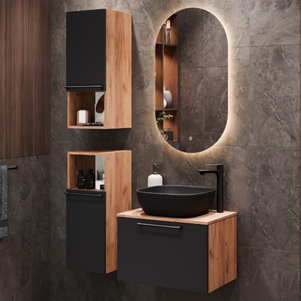 Planetmöbel Badmöbel-Set Astra, (Badezimmer Möbel im modernen Design, 5-St), Waschtisch und Waschbecken schwarz mit Spiegel und 2x Midischrank