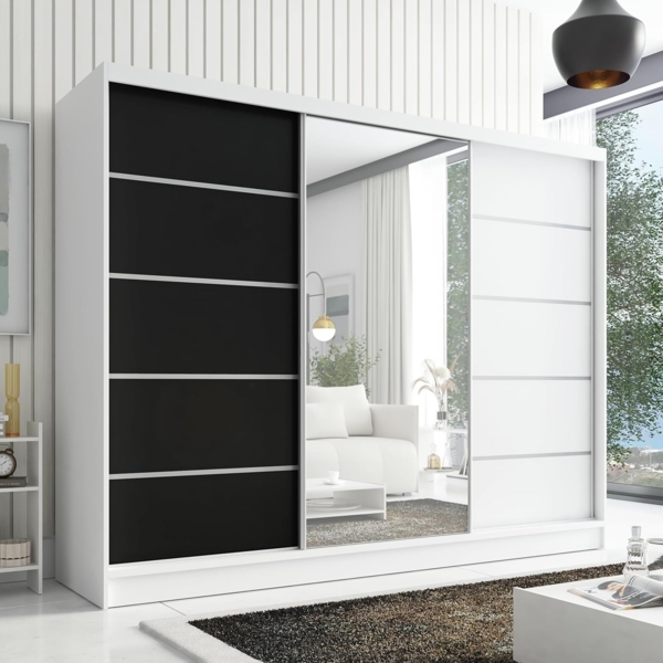 Schwebetürenschrank AVIRA 1 3-türig Schrank 200 cm (mit Spiegel) Farbe: Weiß , Schwarz