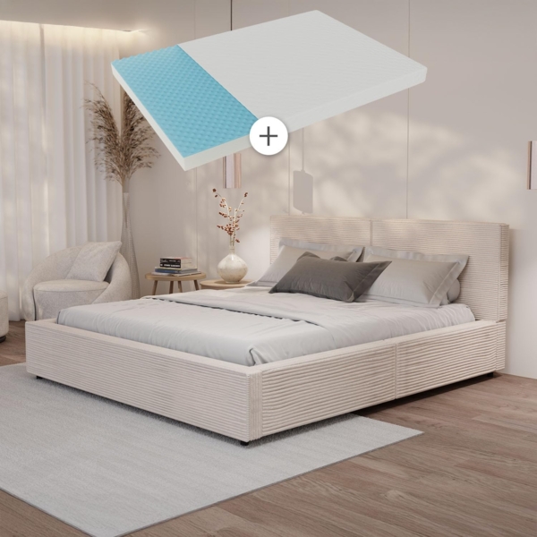 Juskys Polsterbett Salerno mit Matratze 180 x 200 cm – Cord Beige, modernes Bett mit Kopf- & Fußteil, stabilem Holz- & Metallrahmen, Lattenrost, 500 kg Tragkraft