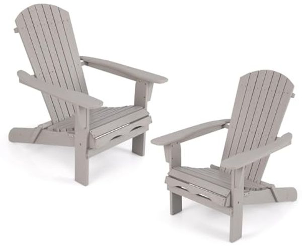 FANTASK 2er Set Adirondack-Stuhl von 51x46 cm, Gartensessel mit hoher Rückenlehne & Breiten Armlehnen, Chair aus Holz für Garten, Grau