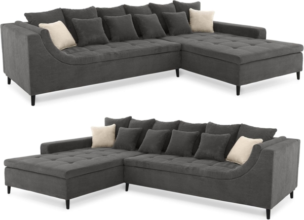 Ecksofa moderne L-Couch Polsterecke Rutschenlehne Metallfüße Cord Grau Anthrazit