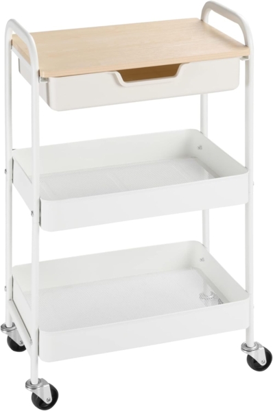 HOMCOM Servierwagen Rollwagen mit 3 Ebenen, (Küchenregal auf Rollen mit Bremse, 1 St, Rollwagen mit 3 Ebenen), mit Griff, Ablage, Schublade, Regalen, für Küche, Bad, Büro, Weiß
