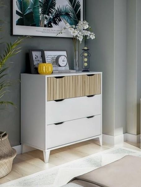 Dmora - Kommode Gromore, Mehrzweckkommode, Schlafzimmerkommode, Schrank mit Schubladen, 71x40 h76 cm, Weiß und Eiche