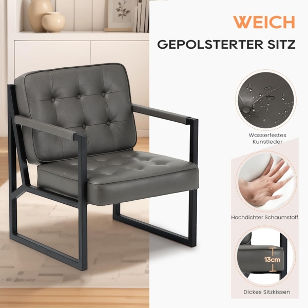 COLAMY Mid Century Modern ohrensessel 2er Set, Bequeme Lounge Sessel, Brauner Leder Accent Chair, Kunstleder Empfangssessel mit Metallbeinen für Wohnzimmer Schlafzimmer Empfangsraum Wartezimmer, grau Bild 5