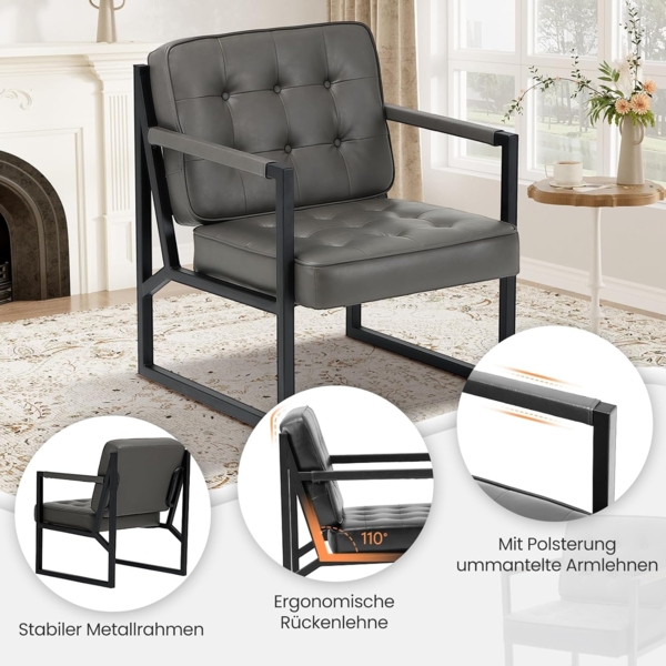 COLAMY Mid Century Modern ohrensessel 2er Set, Bequeme Lounge Sessel, Brauner Leder Accent Chair, Kunstleder Empfangssessel mit Metallbeinen für Wohnzimmer Schlafzimmer Empfangsraum Wartezimmer, grau Bild 4