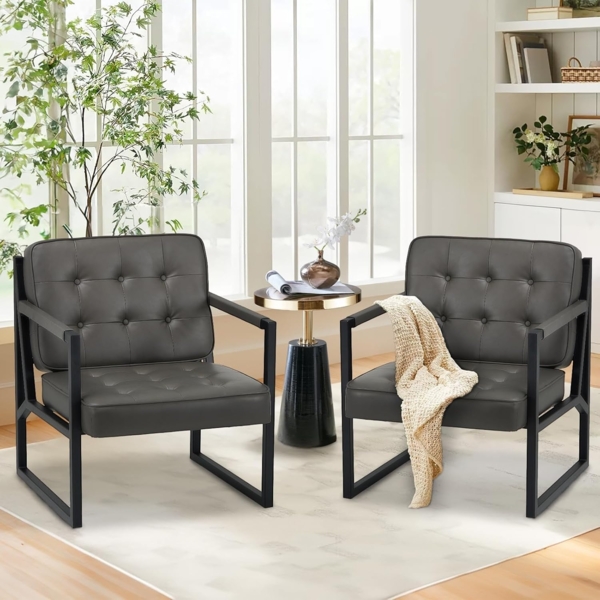 COLAMY Mid Century Modern ohrensessel 2er Set, Bequeme Lounge Sessel, Brauner Leder Accent Chair, Kunstleder Empfangssessel mit Metallbeinen für Wohnzimmer Schlafzimmer Empfangsraum Wartezimmer, grau Bild 2