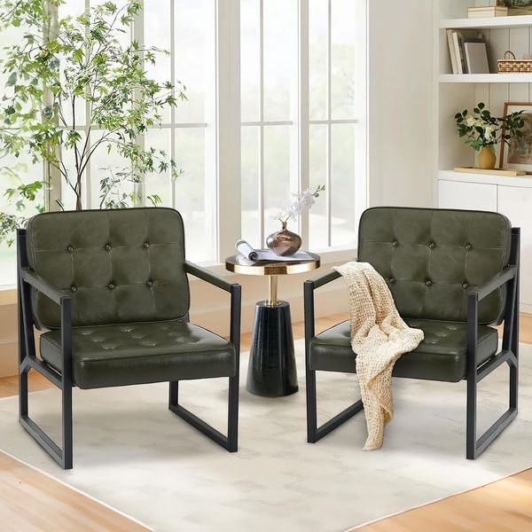 COLAMY Mid Century Modern ohrensessel 2er Set, Bequeme Lounge Sessel, Brauner Leder Accent Chair, Kunstleder Empfangssessel mit Metallbeinen für Wohnzimmer Schlafzimmer Empfangsraum Wartezimmer, grau