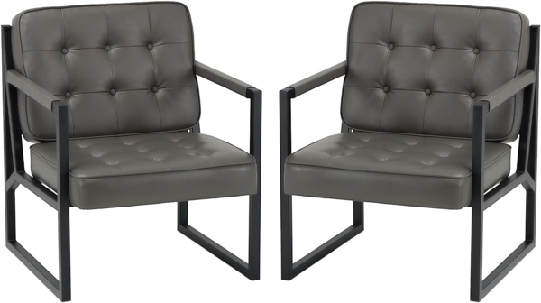 COLAMY Mid Century Modern ohrensessel 2er Set, Bequeme Lounge Sessel, Brauner Leder Accent Chair, Kunstleder Empfangssessel mit Metallbeinen für Wohnzimmer Schlafzimmer Empfangsraum Wartezimmer, grau Bild 1