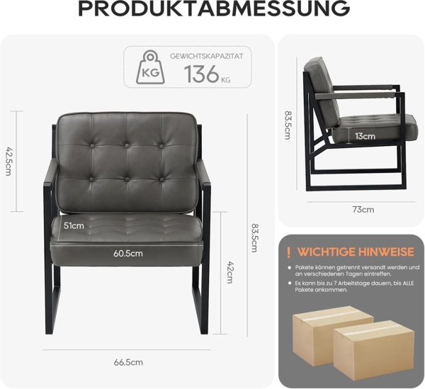COLAMY Mid Century Modern ohrensessel 2er Set, Bequeme Lounge Sessel, Brauner Leder Accent Chair, Kunstleder Empfangssessel mit Metallbeinen für Wohnzimmer Schlafzimmer Empfangsraum Wartezimmer, grau Bild 3