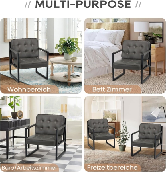 COLAMY Mid Century Modern ohrensessel 2er Set, Bequeme Lounge Sessel, Brauner Leder Accent Chair, Kunstleder Empfangssessel mit Metallbeinen für Wohnzimmer Schlafzimmer Empfangsraum Wartezimmer, grau Bild 7