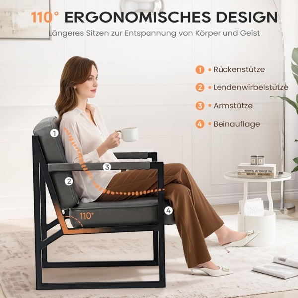 COLAMY Mid Century Modern ohrensessel 2er Set, Bequeme Lounge Sessel, Brauner Leder Accent Chair, Kunstleder Empfangssessel mit Metallbeinen für Wohnzimmer Schlafzimmer Empfangsraum Wartezimmer, grau Bild 6