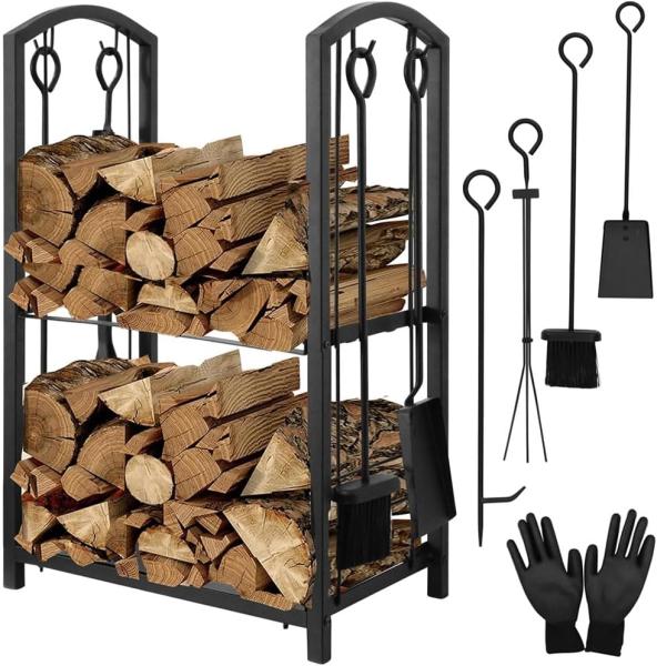 Melko Kaminholzregal Brennholzregal Metall inkl. Kaminbesteck Kaminholzständer Regal, BxTxH:40 x 30 x 74 cm, (6-tlg, 6-St, Set), inkl. 4tlg. Kaminwerkzeug und Kaminhandschuhe