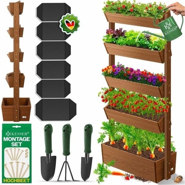 KESSER® Hochbeet mit Etagen Premium Blumenkasten Blumentreppe Pflanztreppe - Gemüsebeet Kräuterbeet Pflanzkübel Frühbeet Blumenbeet Pflanzkasten inkl. Gartenvlies- Beet für Terrasse Balkon & Garten Braun, 5 Etagen