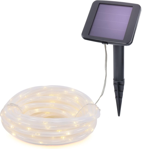Solar Lichtschlauch, 10m, 100 LEDs, warmweiß, Zuleitung 2m, Akku, Solarmodul, Erdspieß, Wintergarten, Außenlichterkette, Hochzeitsdeko, Weihnachtsbeleuchtung, außen, wetterfest, 102174