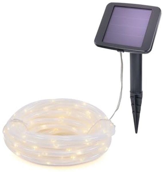 Solar Lichtschlauch, 10m, 100 LEDs, warmweiß, Zuleitung 2m, Akku, Solarmodul, Erdspieß, Wintergarten, Außenlichterkette, Hochzeitsdeko, Weihnachtsbeleuchtung, außen, wetterfest, 102174