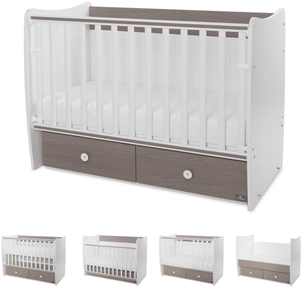 Lorelli Babybett MATRIX NEW Kinderbett 120 x 60 cm, 2 Ebenen, 2 Schubladen braun weiß